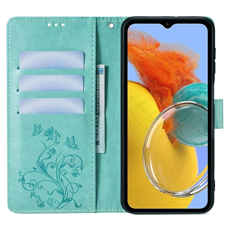 For Samsung Galaxy M14 5G Phone Case Butterfly Flower Imprinted Leather Flip Cover with Wrist Strap