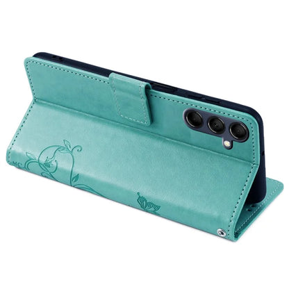 For Samsung Galaxy M14 5G Phone Case Butterfly Flower Imprinted Leather Flip Cover with Wrist Strap