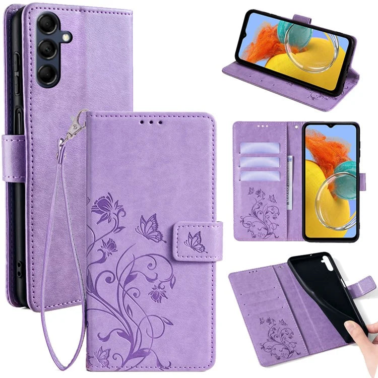 For Samsung Galaxy M14 5G Phone Case Butterfly Flower Imprinted Leather Flip Cover with Wrist Strap
