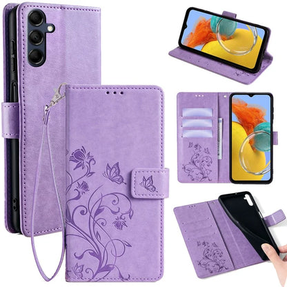 For Samsung Galaxy M14 5G Phone Case Butterfly Flower Imprinted Leather Flip Cover with Wrist Strap