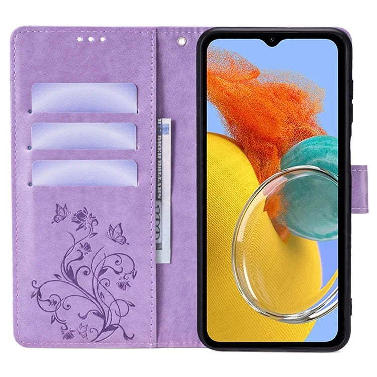 For Samsung Galaxy M14 5G Phone Case Butterfly Flower Imprinted Leather Flip Cover with Wrist Strap