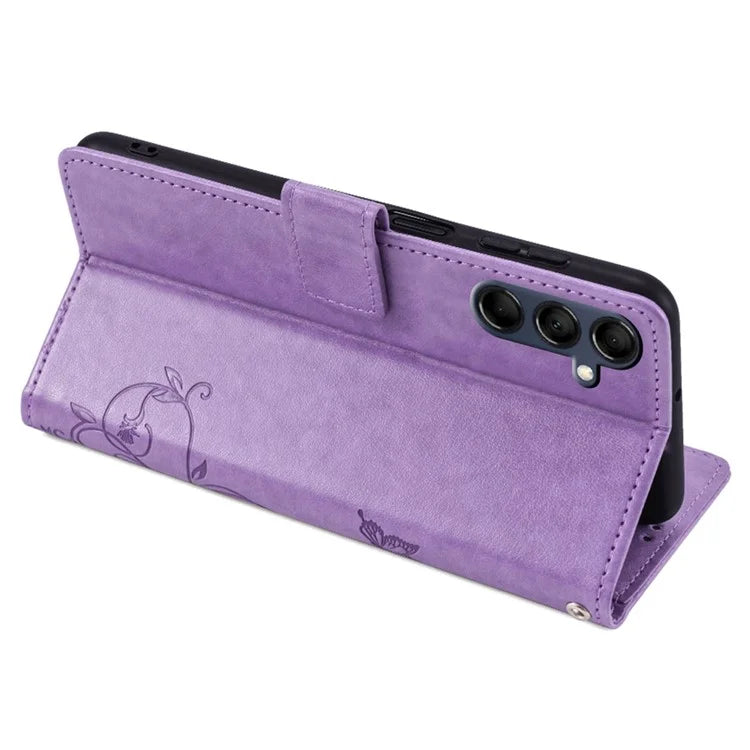 For Samsung Galaxy M14 5G Phone Case Butterfly Flower Imprinted Leather Flip Cover with Wrist Strap