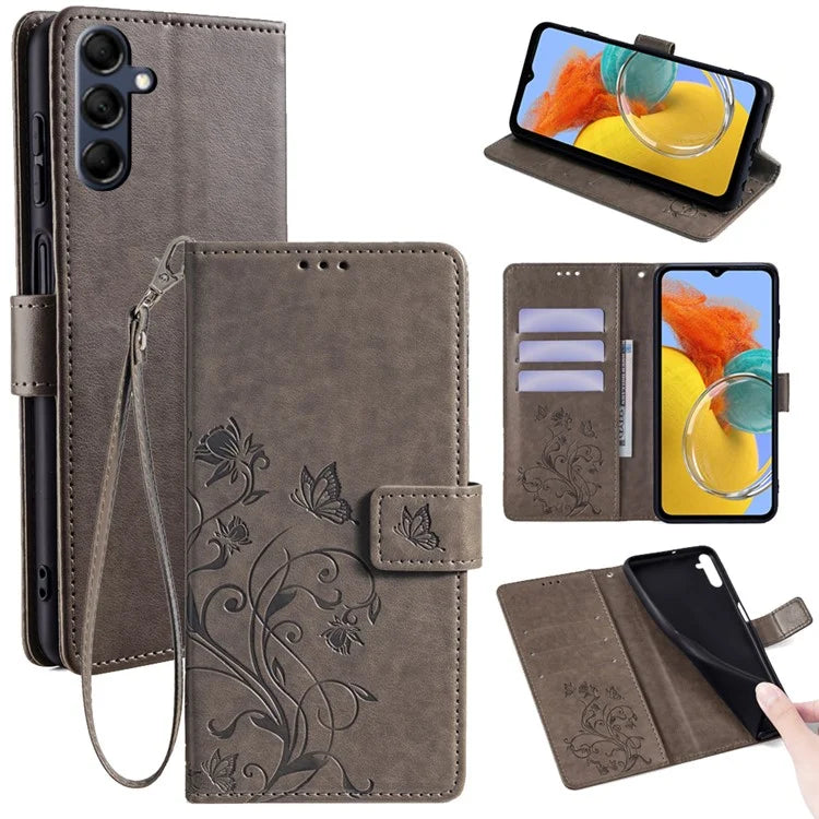 For Samsung Galaxy M14 5G Phone Case Butterfly Flower Imprinted Leather Flip Cover with Wrist Strap
