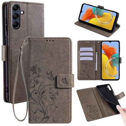 For Samsung Galaxy M14 5G Phone Case Butterfly Flower Imprinted Leather Flip Cover with Wrist Strap
