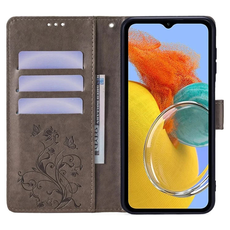For Samsung Galaxy M14 5G Phone Case Butterfly Flower Imprinted Leather Flip Cover with Wrist Strap