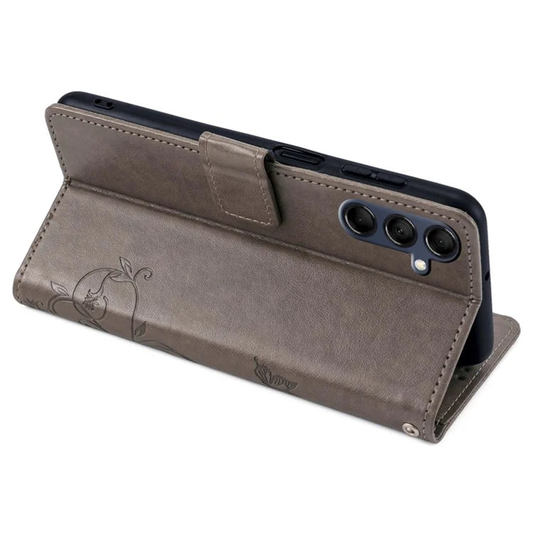 For Samsung Galaxy M14 5G Phone Case Butterfly Flower Imprinted Leather Flip Cover with Wrist Strap