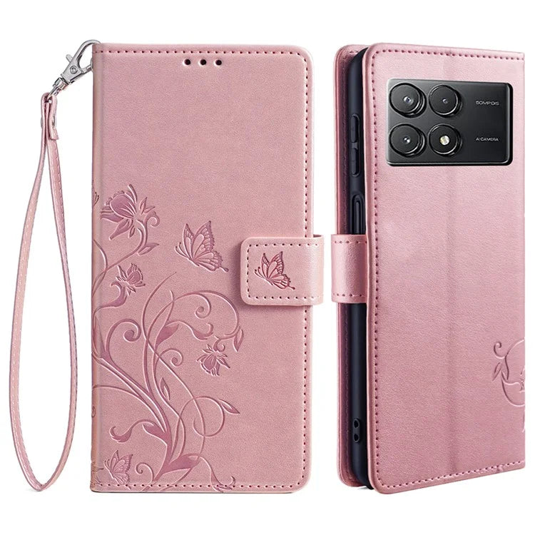For Xiaomi Poco F6 Pro 5G / Redmi K70 5G / K70 Pro 5G Phone Case Butterfly Flower Imprinted Leather Anti-Fall Cover