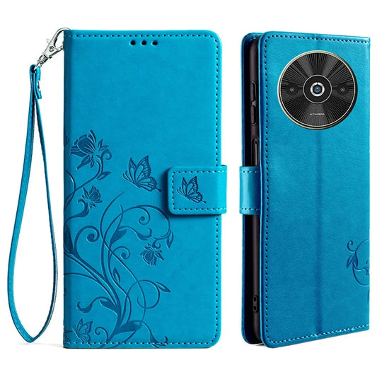 For Xiaomi Redmi A3 / Poco C61 Case Card Slots Cover Butterfly Flower PU Leather Stand Phone Shell with Strap