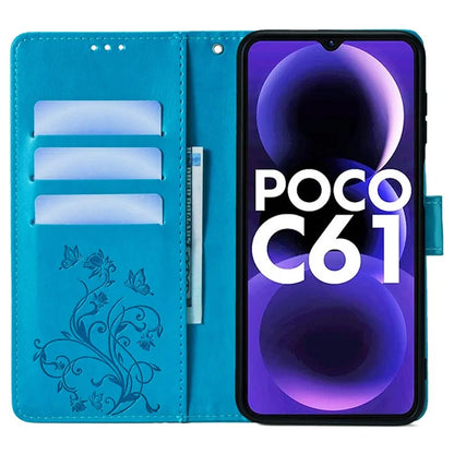 For Xiaomi Redmi A3 / Poco C61 Case Card Slots Cover Butterfly Flower PU Leather Stand Phone Shell with Strap
