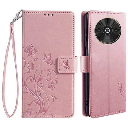 For Xiaomi Redmi A3/Poco C61 Case Card Slots Cover Butterfly Flower PU Leather Stand Phone Shell with Strap