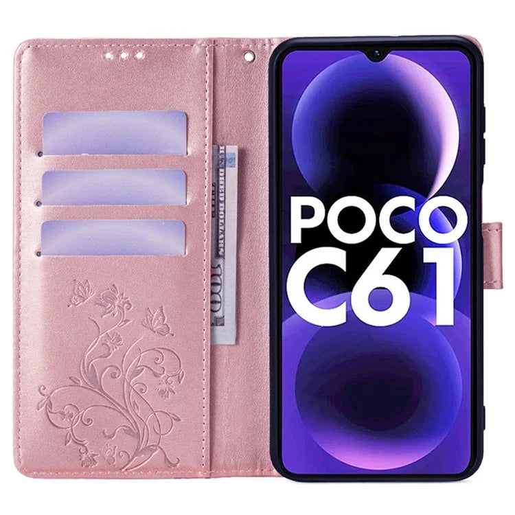 For Xiaomi Redmi A3/Poco C61 Case Card Slots Cover Butterfly Flower PU Leather Stand Phone Shell with Strap