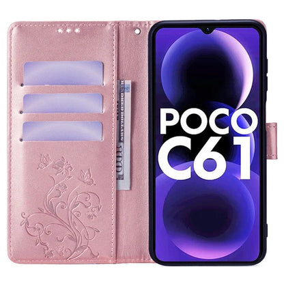 For Xiaomi Redmi A3/Poco C61 Case Card Slots Cover Butterfly Flower PU Leather Stand Phone Shell with Strap