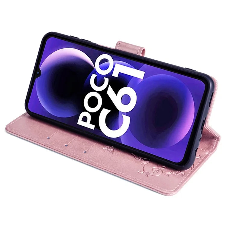 For Xiaomi Redmi A3/Poco C61 Case Card Slots Cover Butterfly Flower PU Leather Stand Phone Shell with Strap