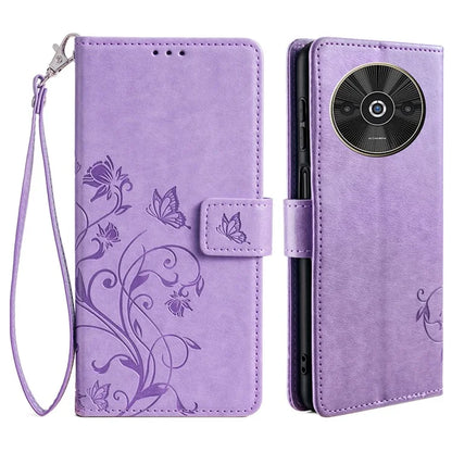 For Xiaomi Redmi A3/Poco C61 Case Card Slots Cover Butterfly Flower PU Leather Stand Phone Shell with Strap