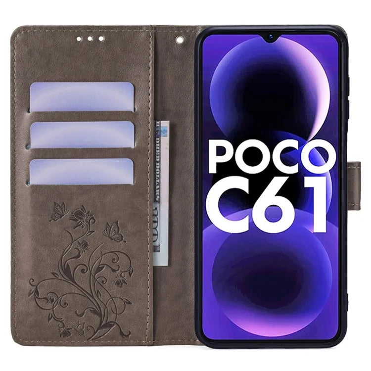For Xiaomi Redmi A3/Poco C61 Case Card Slots Cover Butterfly Flower PU Leather Stand Phone Shell with Strap