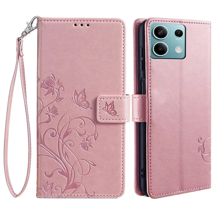 For Xiaomi Redmi Note 13 4G Anti-Scratch Phone Cover PU Leather Case Imprinted Butterfly Floral Stand Phone Shell