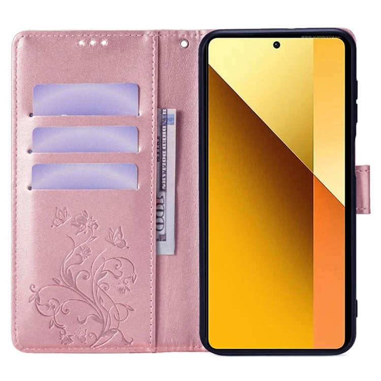 For Xiaomi Redmi Note 13 4G Anti-Scratch Phone Cover PU Leather Case Imprinted Butterfly Floral Stand Phone Shell