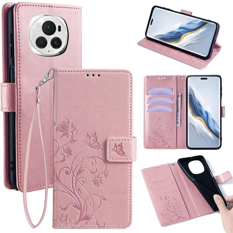 For Honor Magic6 Pro 5G Wallet Case Butterfly Flower Pattern PU Leather Stand Phone Cover