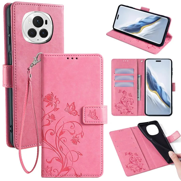 For Honor Magic6 Pro 5G Wallet Case Butterfly Flower Pattern PU Leather Stand Phone Cover