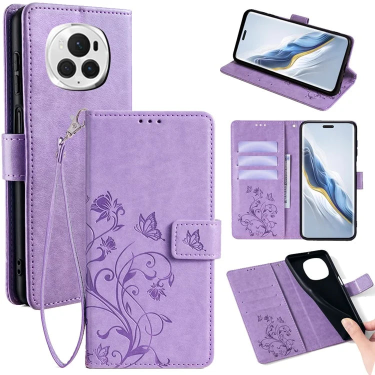 For Honor Magic6 Pro 5G Wallet Case Butterfly Flower Pattern PU Leather Stand Phone Cover
