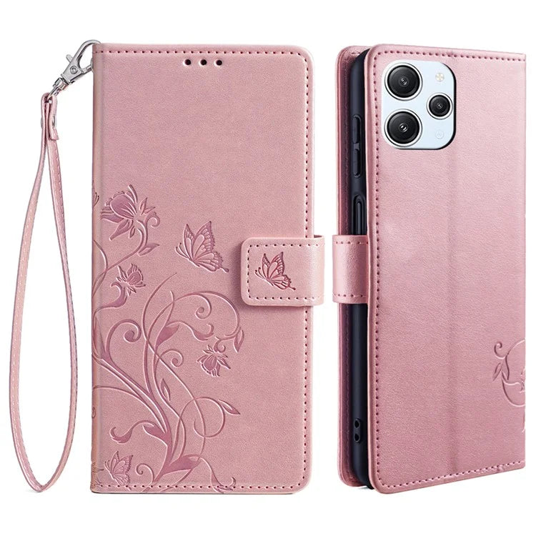 For Xiaomi Redmi 12 4G Leather Case Wholesale Butterfly Flower Card Slots Phone Cover with Wrist Strap