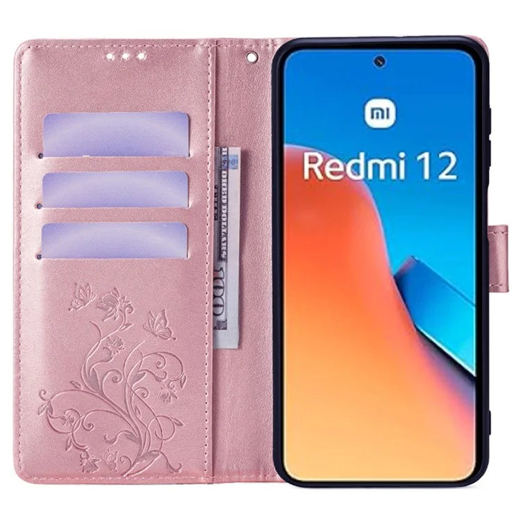 For Xiaomi Redmi 12 4G Leather Case Wholesale Butterfly Flower Card Slots Phone Cover with Wrist Strap