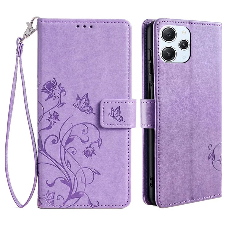 For Xiaomi Redmi 12 4G Leather Case Wholesale Butterfly Flower Card Slots Phone Cover with Wrist Strap