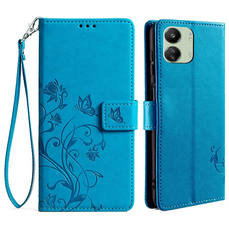 For Xiaomi Redmi 13C 4G / 5G / 13R 5G / Poco M6 5G / Poco C65 4G Case Butterfly Flower PU Leather Cell Phone Cover with Hand Strap