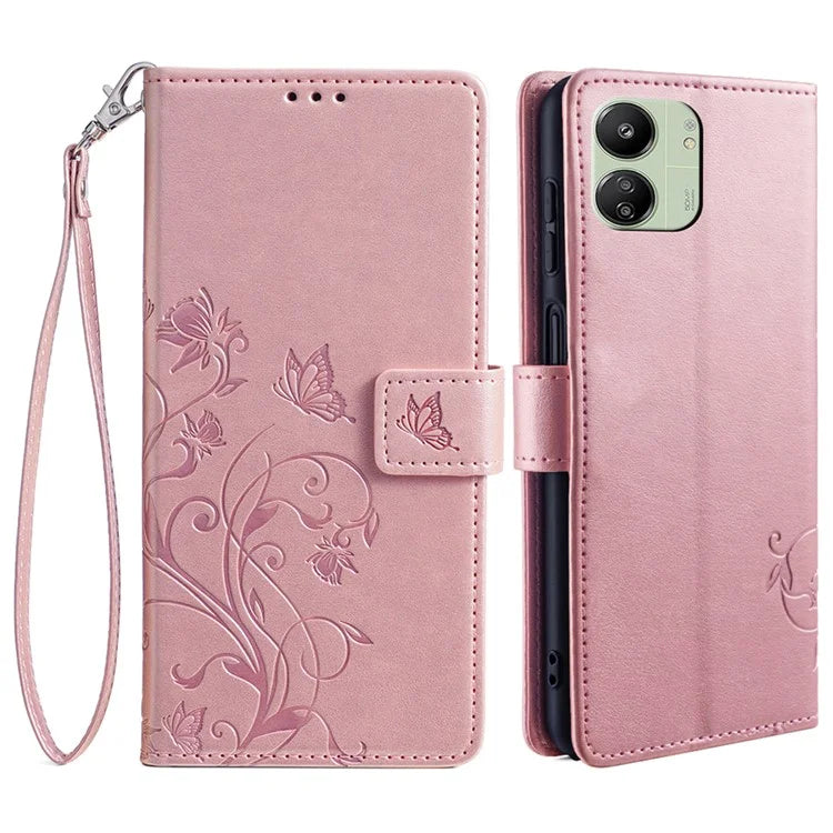 For Xiaomi Redmi 13C 4G / 5G / 13R 5G / Poco M6 5G / Poco C65 4G Case Butterfly Flower PU Leather Cell Phone Cover with Hand Strap