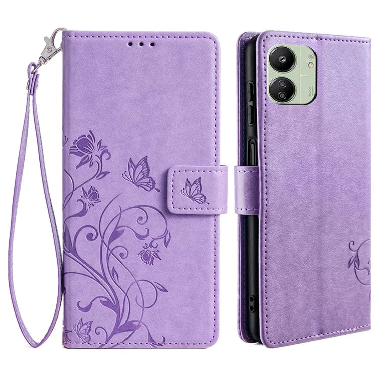 For Xiaomi Redmi 13C 4G / 5G / 13R 5G / Poco M6 5G / Poco C65 4G Case Butterfly Flower PU Leather Cell Phone Cover with Hand Strap