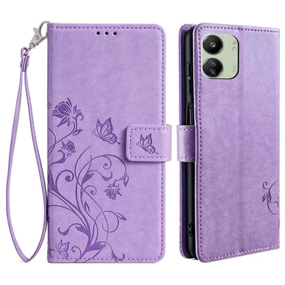 For Xiaomi Redmi 13C 4G / 5G / 13R 5G / Poco M6 5G / Poco C65 4G Case Butterfly Flower PU Leather Cell Phone Cover with Hand Strap