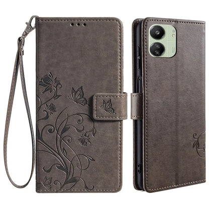 For Xiaomi Redmi 13C 4G / 5G / 13R 5G / Poco M6 5G / Poco C65 4G Case Butterfly Flower PU Leather Cell Phone Cover with Hand Strap