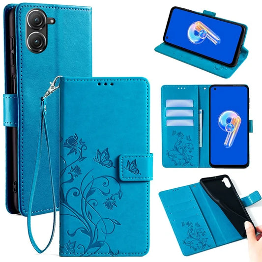 For Asus Zenfone 9 5G / Zenfone 9z Case Butterfly Flower Imprinted PU Leather Wallet Protective Phone Cover