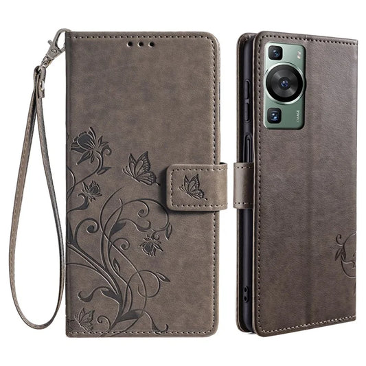 For Huawei P60 / P60 Pro Case Butterfly Flower PU Leather Stand Hand Strap Wallet Purse Phone Cover
