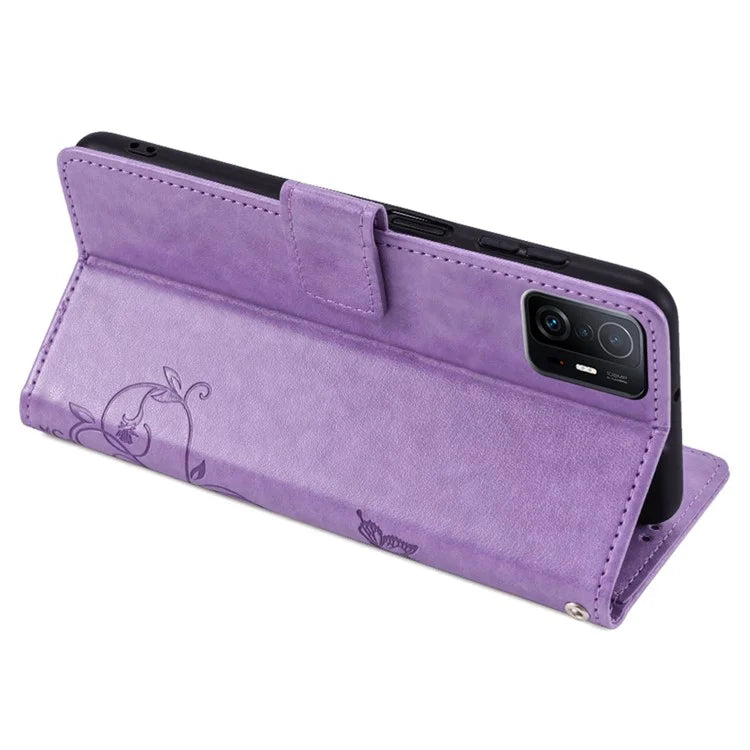 For Xiaomi 11T 5G / 11T Pro 5G Phone Case Wrist Strap Card Slots Butterfly Flower Leather Cover