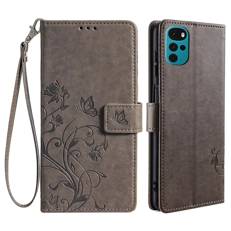 For Motorola Moto G22 Case Butterfly Flower Wallet Card Holder Phone Cover with Handy Strap