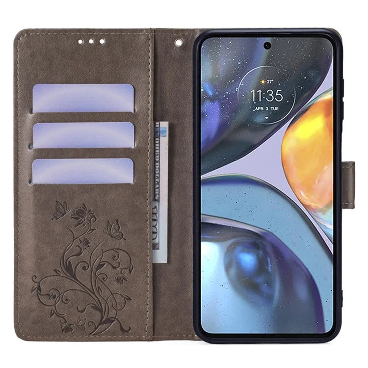 For Motorola Moto G22 Case Butterfly Flower Wallet Card Holder Phone Cover with Handy Strap