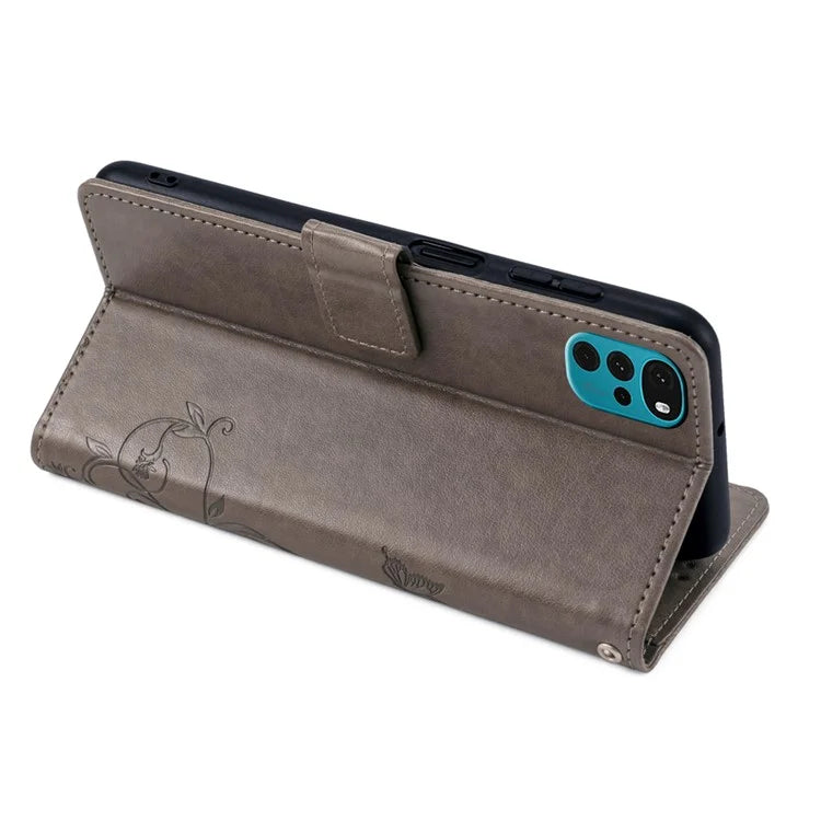 For Motorola Moto G22 Case Butterfly Flower Wallet Card Holder Phone Cover with Handy Strap