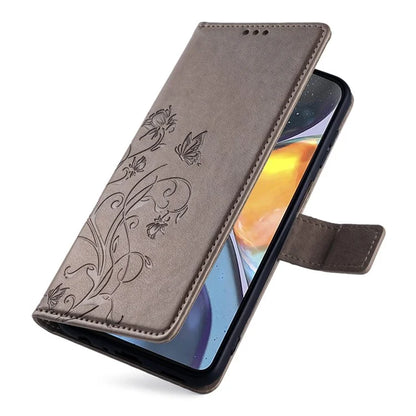 For Motorola Moto G22 Case Butterfly Flower Wallet Card Holder Phone Cover with Handy Strap