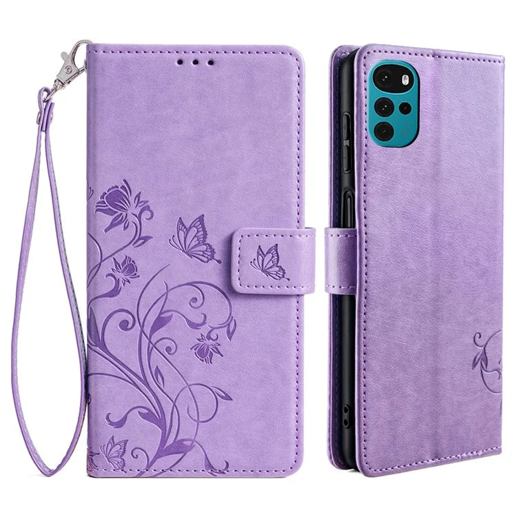 For Motorola Moto G22 Case Butterfly Flower Wallet Card Holder Phone Cover with Handy Strap