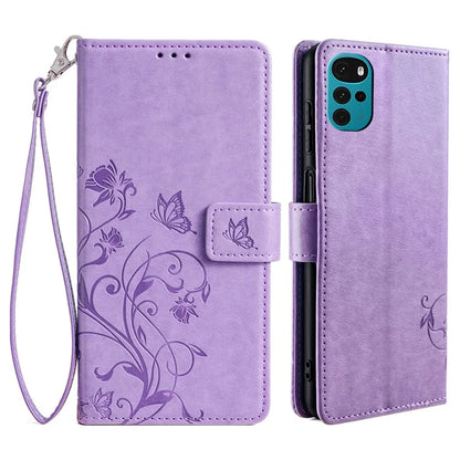 For Motorola Moto G22 Case Butterfly Flower Wallet Card Holder Phone Cover with Handy Strap