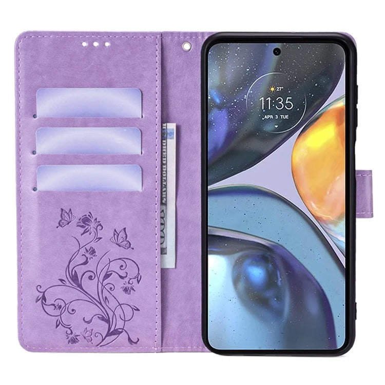 For Motorola Moto G22 Case Butterfly Flower Wallet Card Holder Phone Cover with Handy Strap