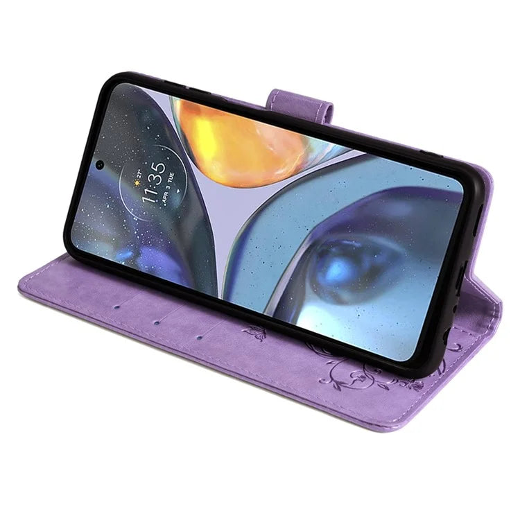 For Motorola Moto G22 Case Butterfly Flower Wallet Card Holder Phone Cover with Handy Strap