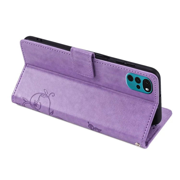 For Motorola Moto G22 Case Butterfly Flower Wallet Card Holder Phone Cover with Handy Strap