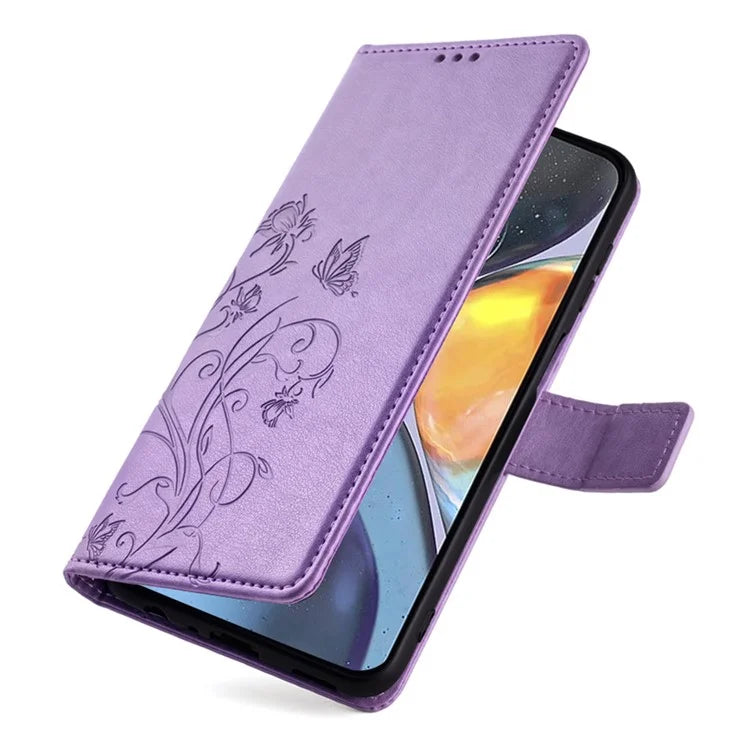 For Motorola Moto G22 Case Butterfly Flower Wallet Card Holder Phone Cover with Handy Strap