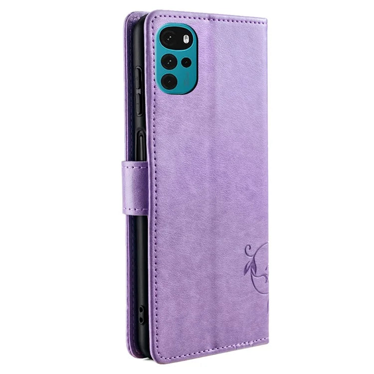 For Motorola Moto G22 Case Butterfly Flower Wallet Card Holder Phone Cover with Handy Strap