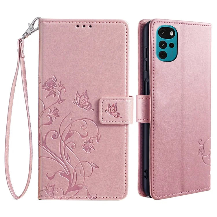 For Motorola Moto G22 Case Butterfly Flower Wallet Card Holder Phone Cover with Handy Strap