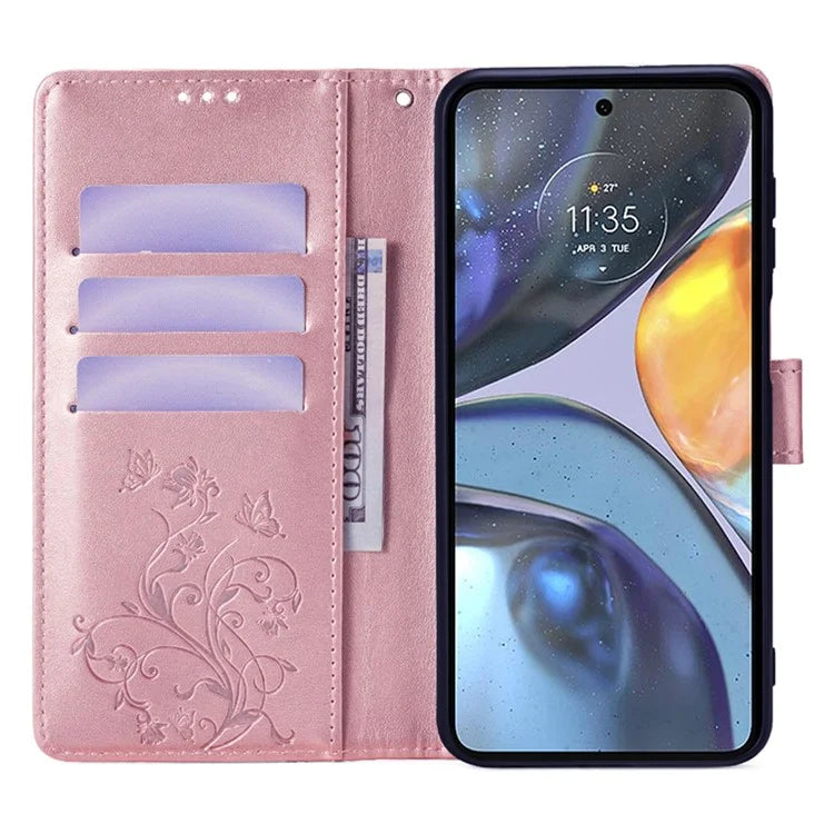 For Motorola Moto G22 Case Butterfly Flower Wallet Card Holder Phone Cover with Handy Strap