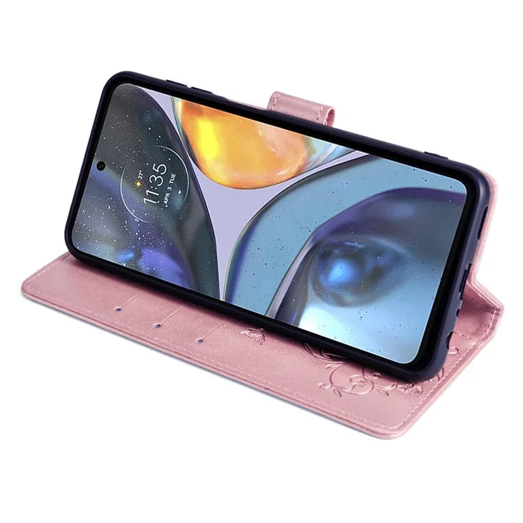 For Motorola Moto G22 Case Butterfly Flower Wallet Card Holder Phone Cover with Handy Strap
