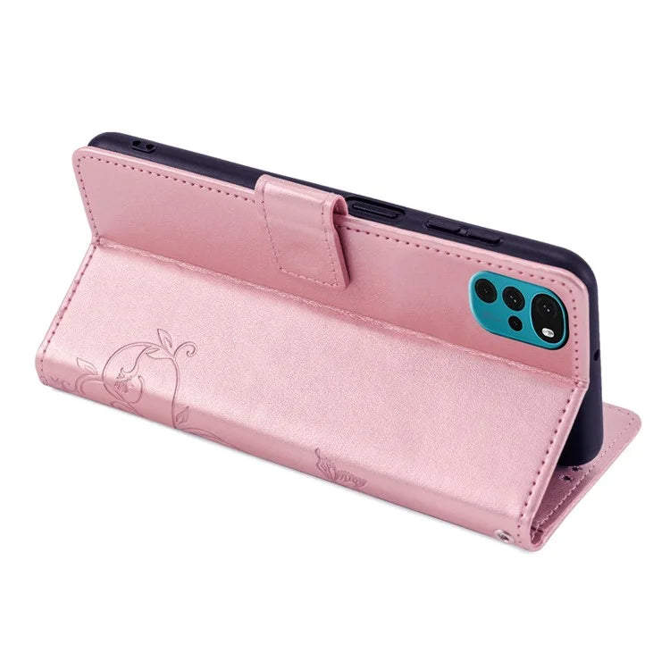 For Motorola Moto G22 Case Butterfly Flower Wallet Card Holder Phone Cover with Handy Strap